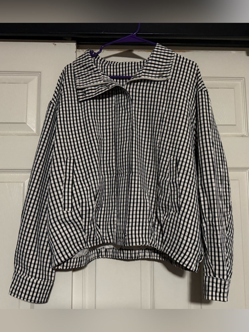 Women's Black and White Gingham Zip-Front Top